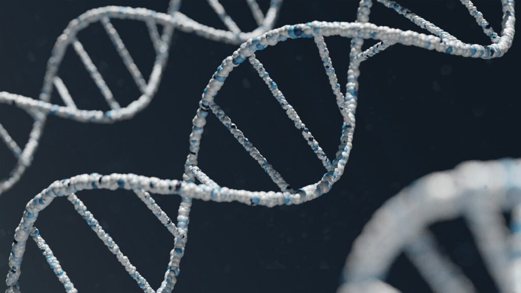 Modèle de double hélice d'ADN blanche et bleue sur fond sombre