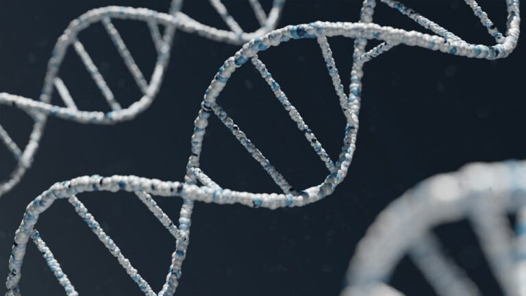 Modèle de double hélice d'ADN blanche et bleue sur fond sombre