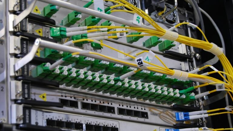 Câbles de fibre optique branchés sur un commutateur réseau dans une baie de serveurs