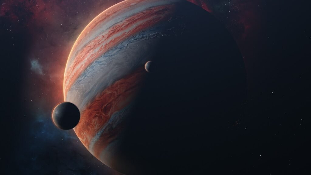 Vue d'artiste d'une planète avec deux autres astres en arrière-plan